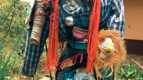 scarecrow made of recycled materials in rural garden field to scare birds away from agriculture crops reuse new life reinventing recycle eco green clean energy enviroment scary recycling friendly