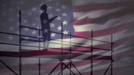 animation of female architect on scaffolding over american flag