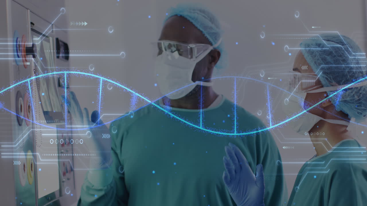 다양한 여성과 남성 외과 의사에 대한 dna 스트랜드의 애니메이션과 데이터 처리가 논의됩니다.