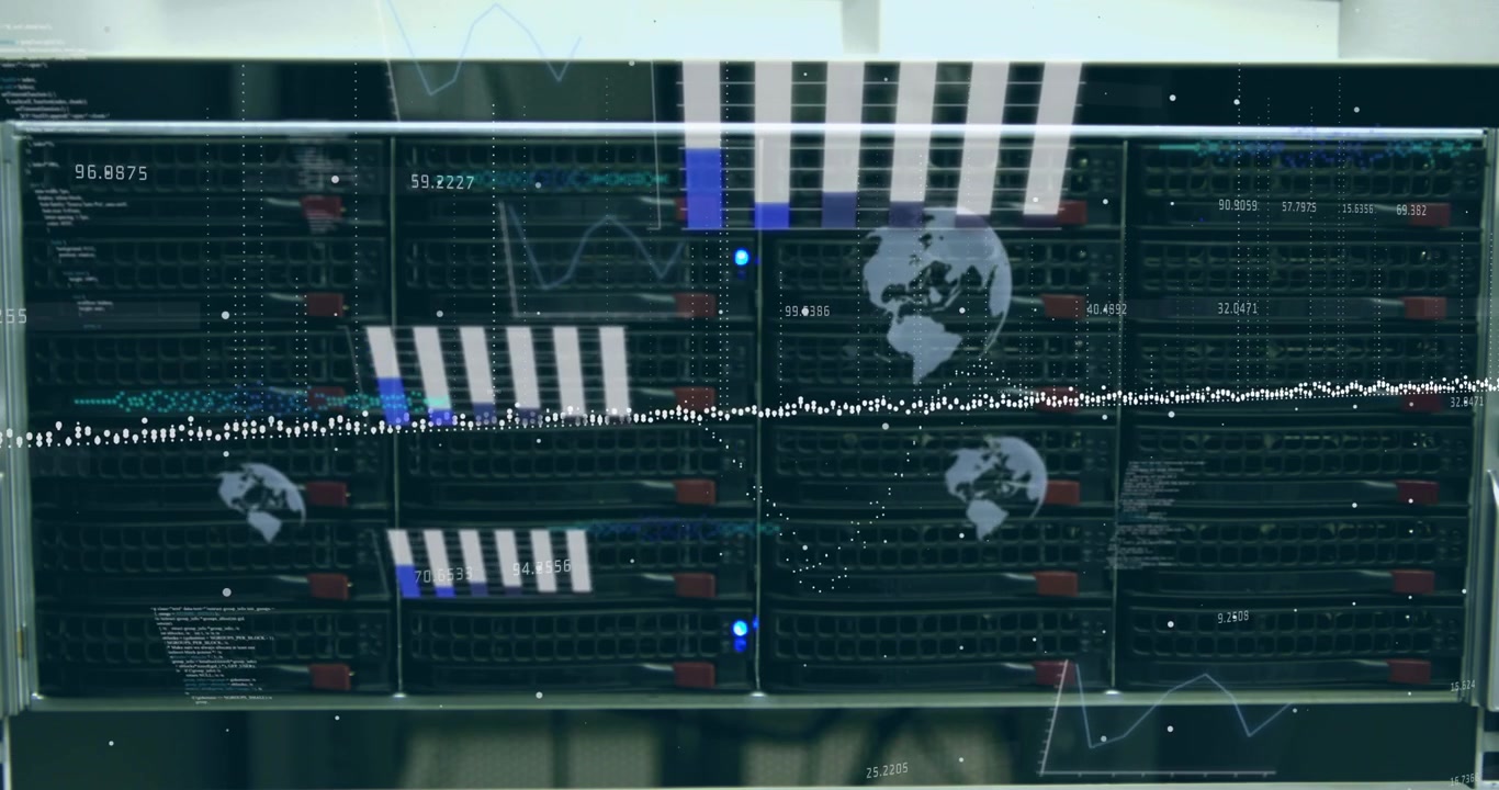 Animation of data processing against close up of computer servers