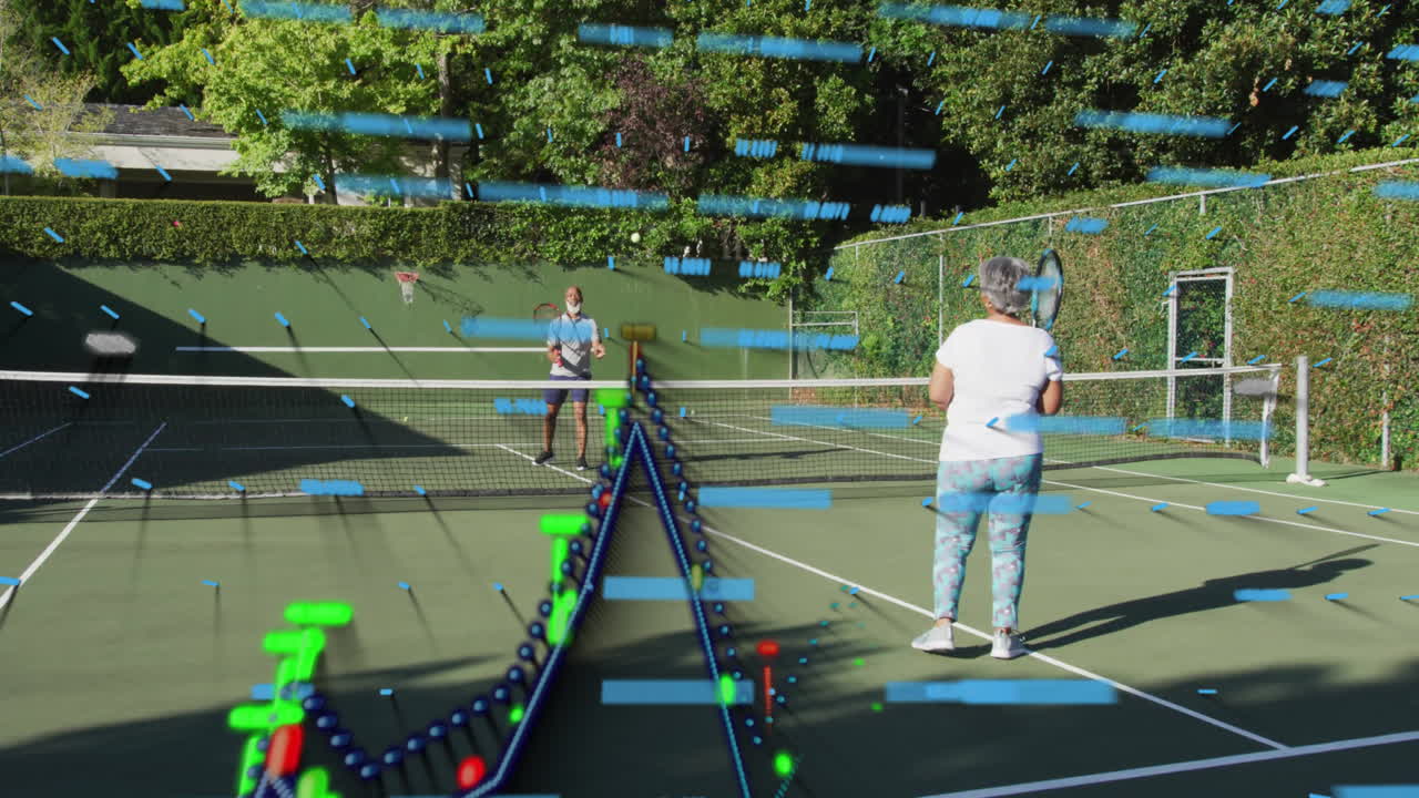 Man swinging racket and woman rallying ball over net, displaying technology analytics bars overlay
