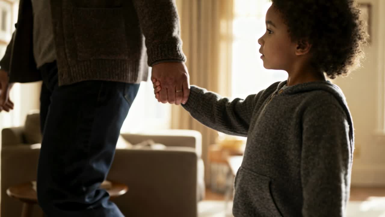 Reaching down, dad holding child's hand and walking left at home to guide, cardigan hoodie sofa