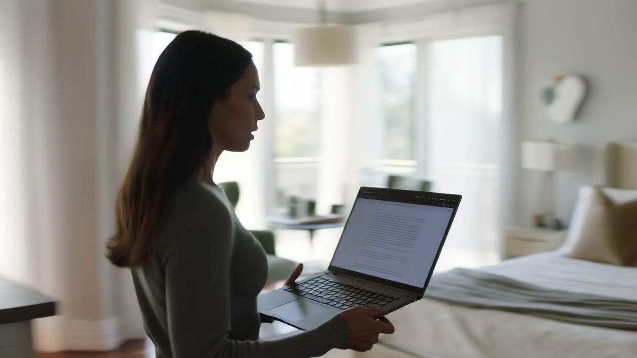 Woman Carrying Laptop Through Home Moving Between Kitchen And Bedroom, Checking Screen For Calls
