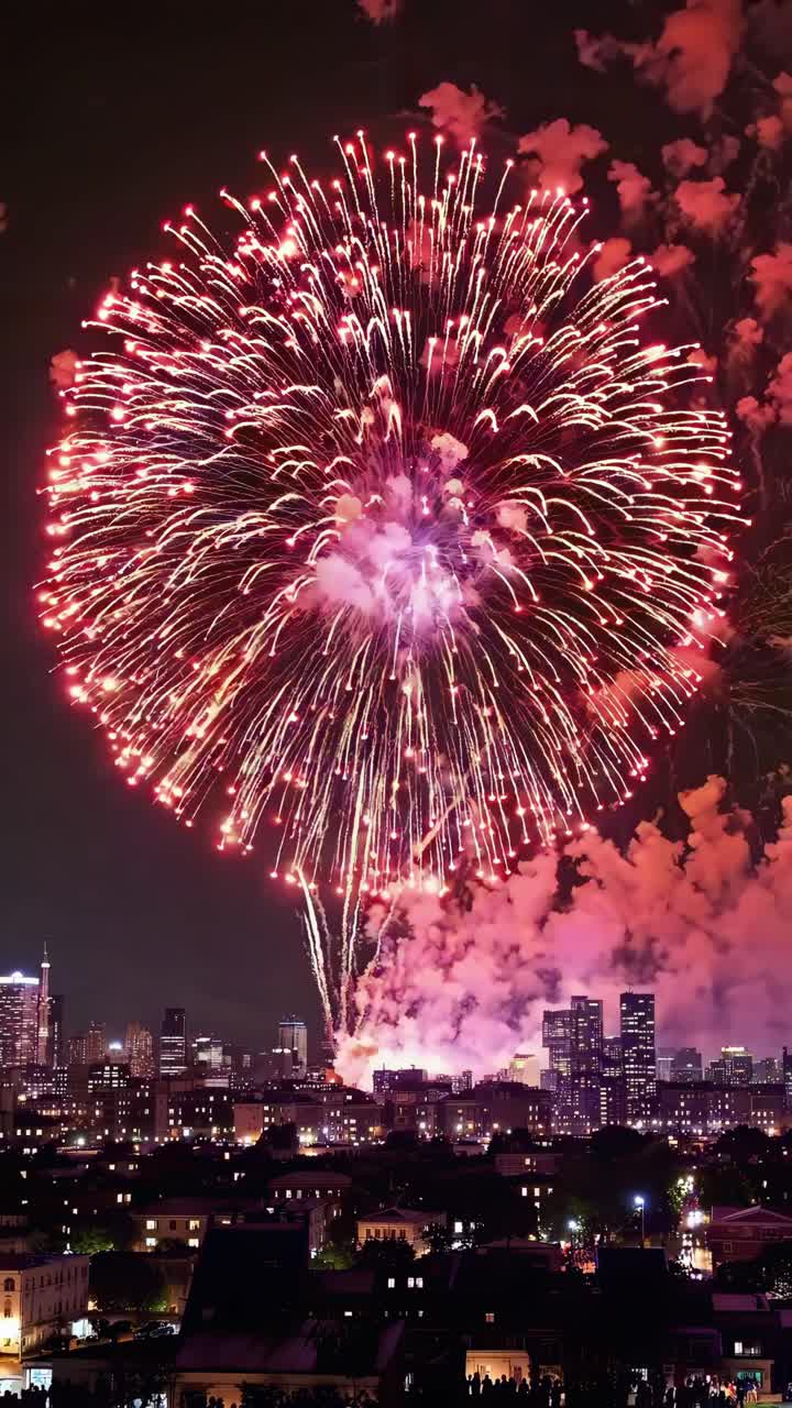 Colorful fireworks exploding in the night sky over the cityscape of Lyon, France, illuminating the urban landscape during a festive celebration