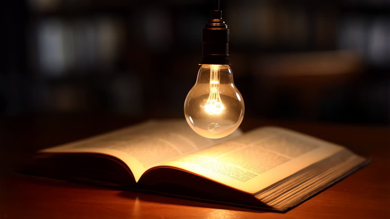 Light Bulb Illuminating an Open Book in a Dark Room