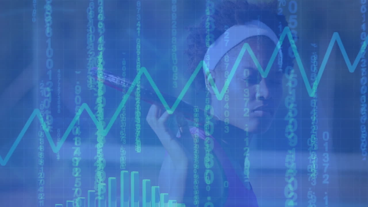Female athlete walking on tennis court displaying rising cyan graphs and bar chart for sports data