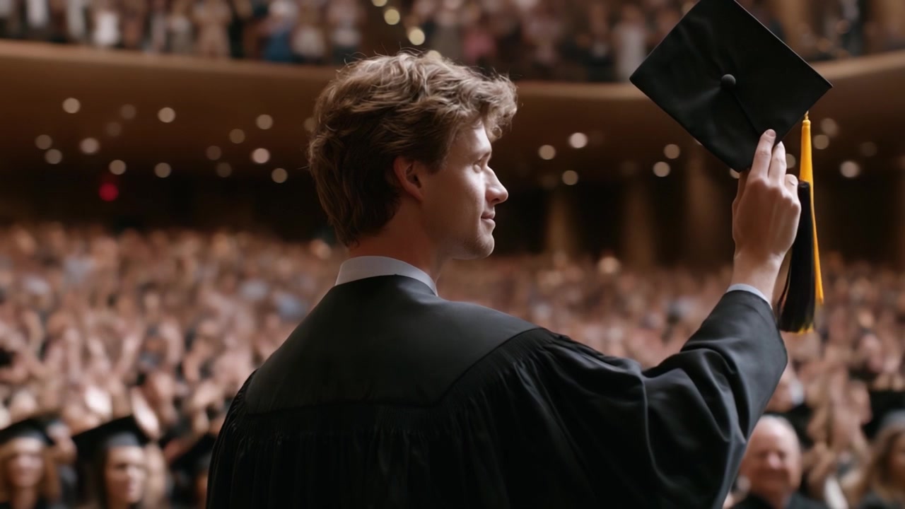Celebrazione del successo: Un laureato orgoglioso agita il suo tocco in riconoscimento dei traguardi raggiunti durante una memorabile cerimonia di laurea ricca di applausi e acclamazioni.