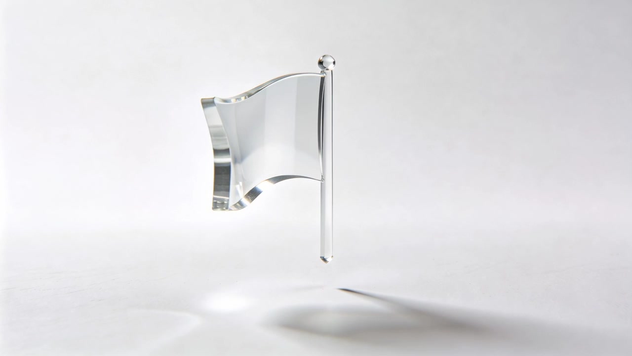 Rotating glass flag on pole with finial above white floor in studio, frames revealing highlights