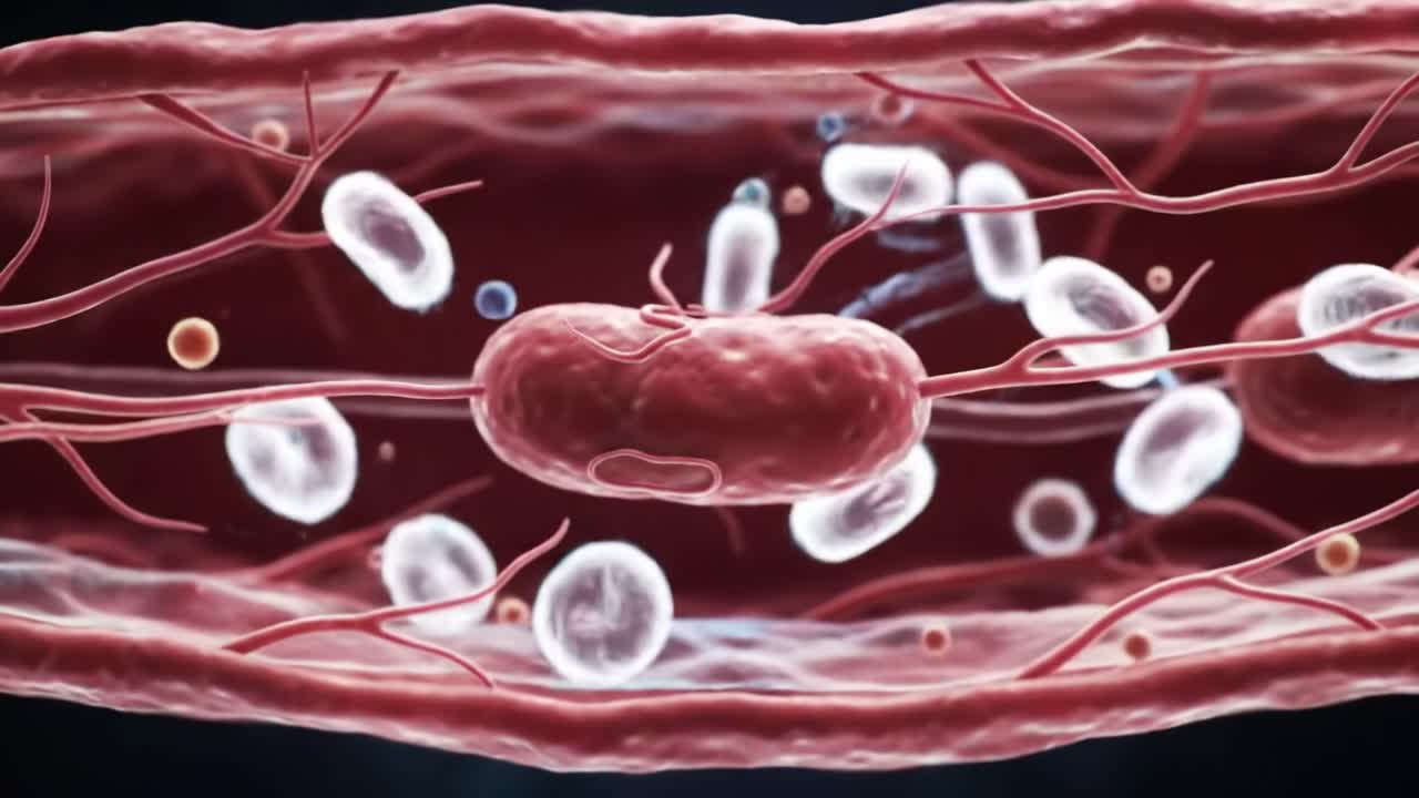 A Detailed Exploration of Blood Vessels: Observing the Intricate Interaction Between Red Blood Cells and Bacteria Within Capillaries