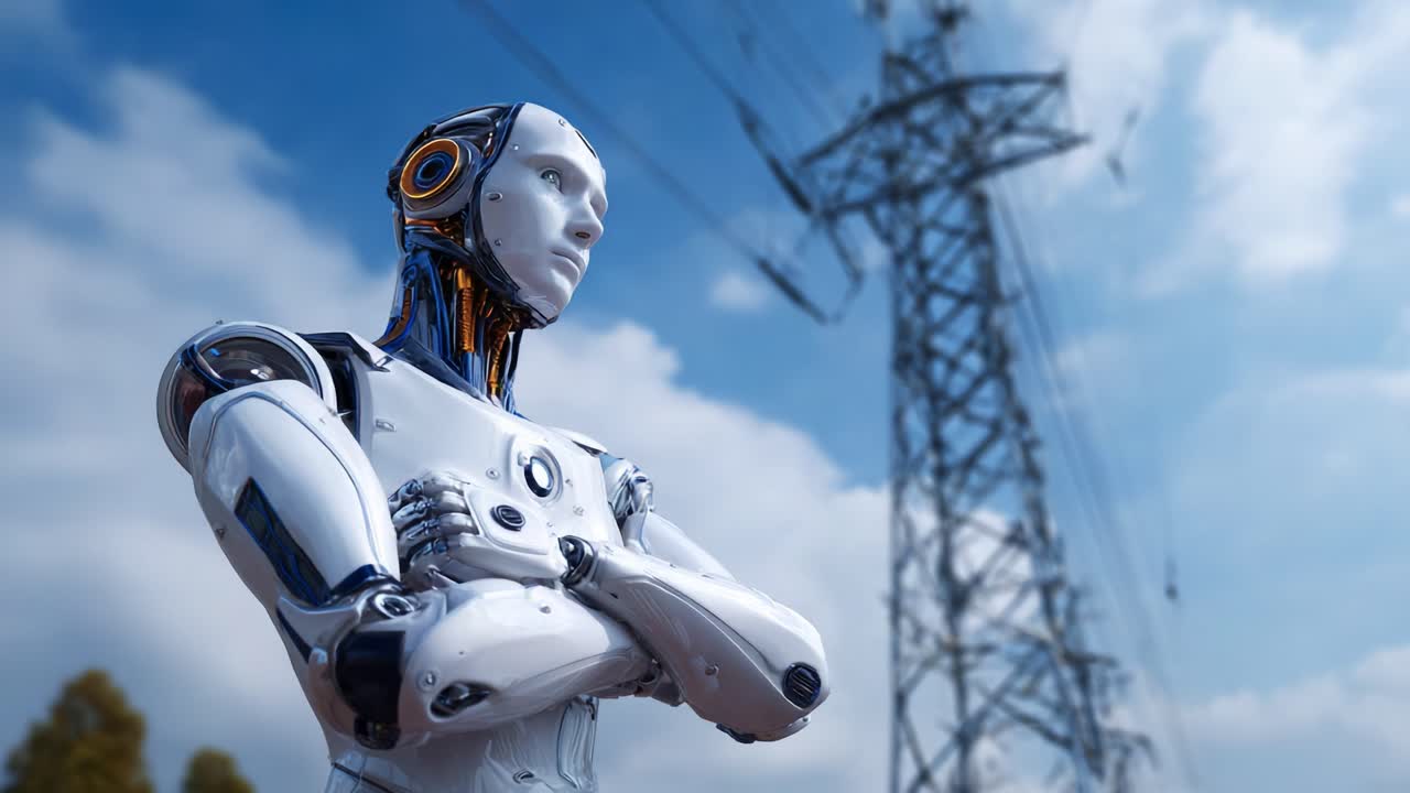 Un robot umanoide futuristico è ritto in piedi con sicurezza sullo sfondo di un traliccio dell'alta tensione, incarnando tecnologia avanzata e innovazione futuristica