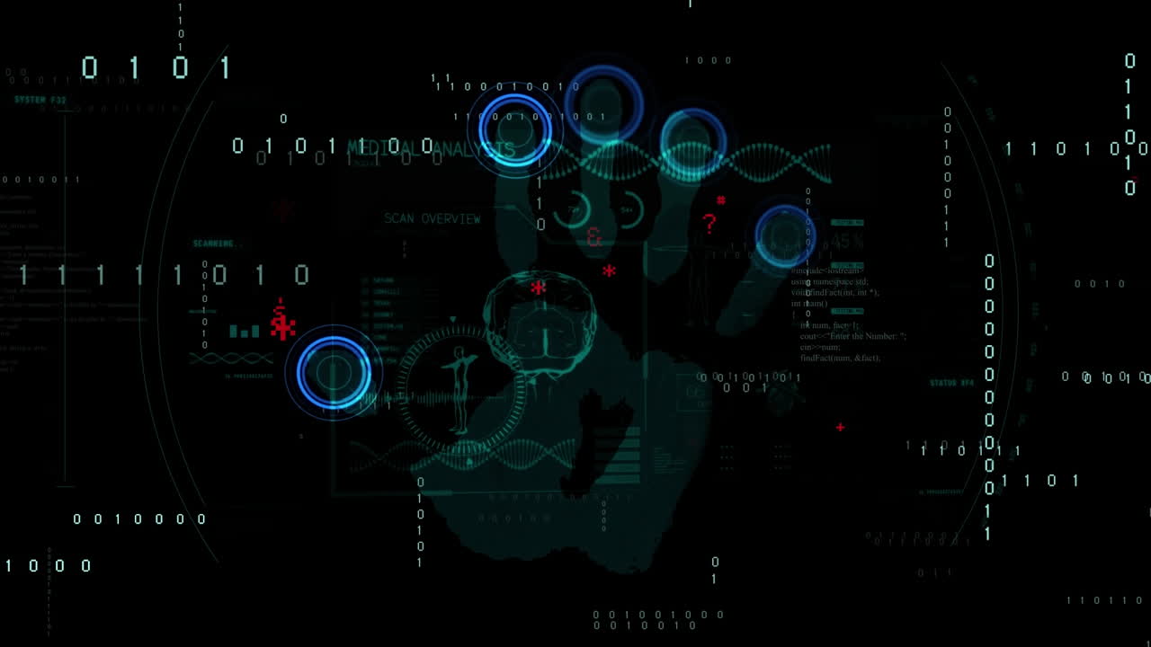 Animation of ai data processing over biometric handprint and dark background