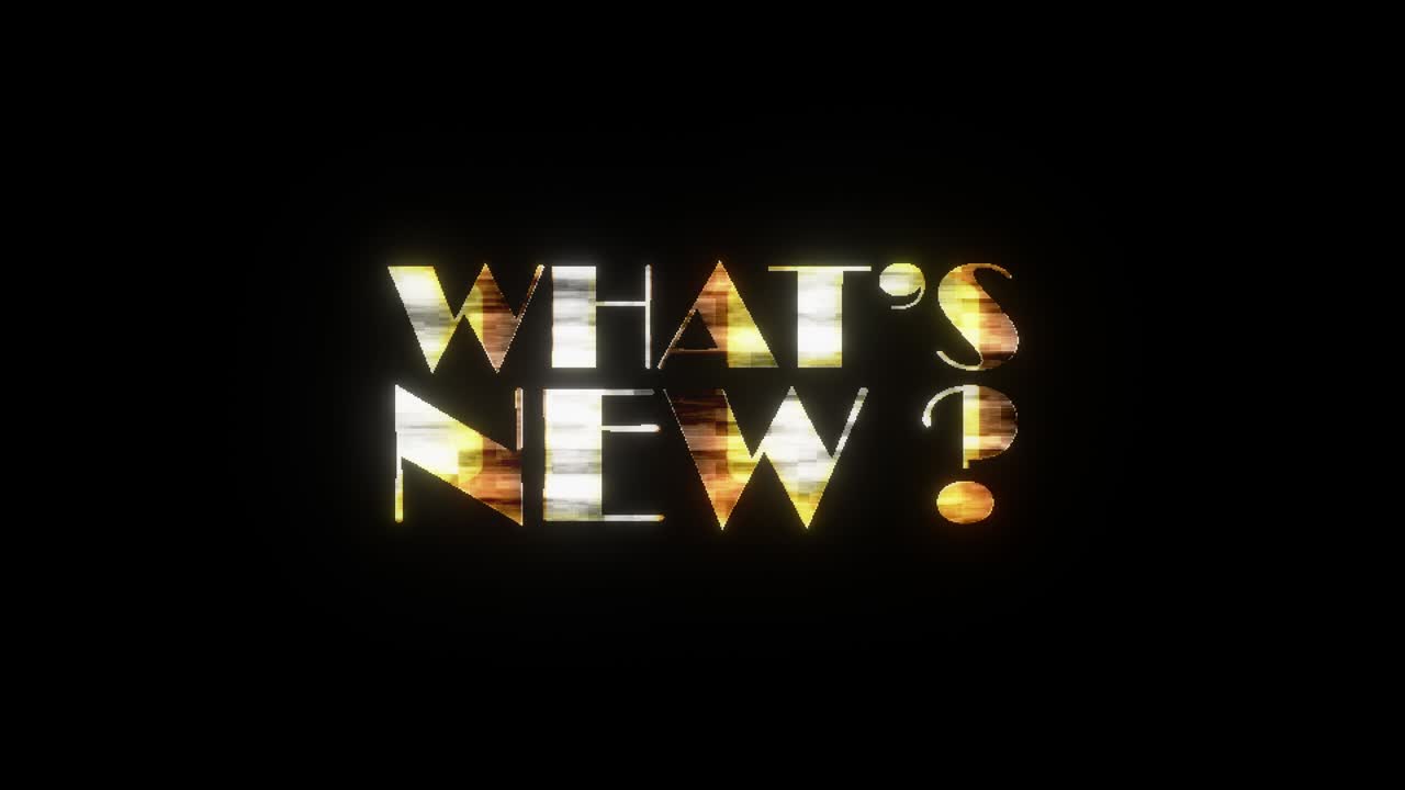 4K Glitch word WHAT'S NEW? Title 3D Illustration. The golden shine lighting of glitch word What's New? loop animation concept on black creative background for intro, title, marketing and advertising.