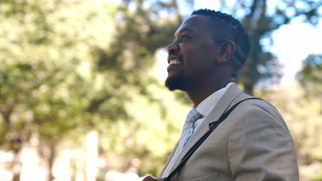 walking, happy and businessman in a park