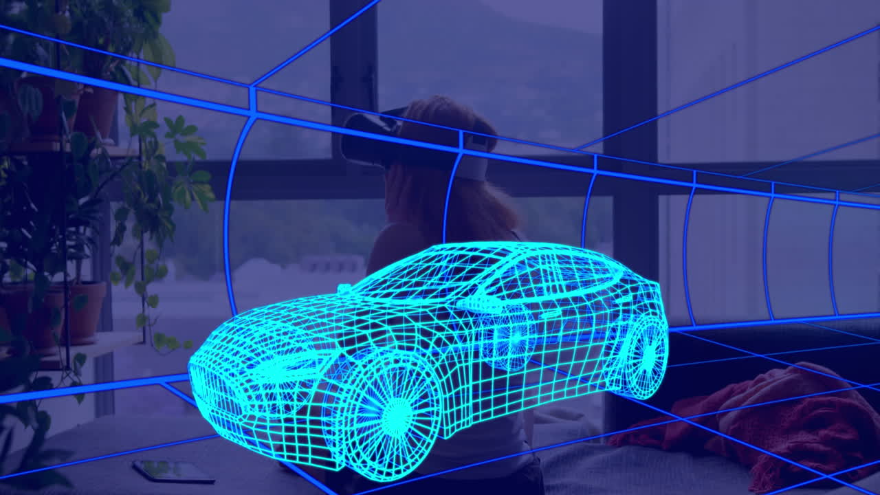 animación de dibujo técnico 3d de un coche, sobre una mujer en casa con auriculares vr