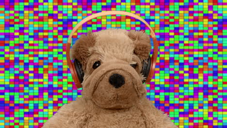 teddy bear with headphones on colorful pixelated background