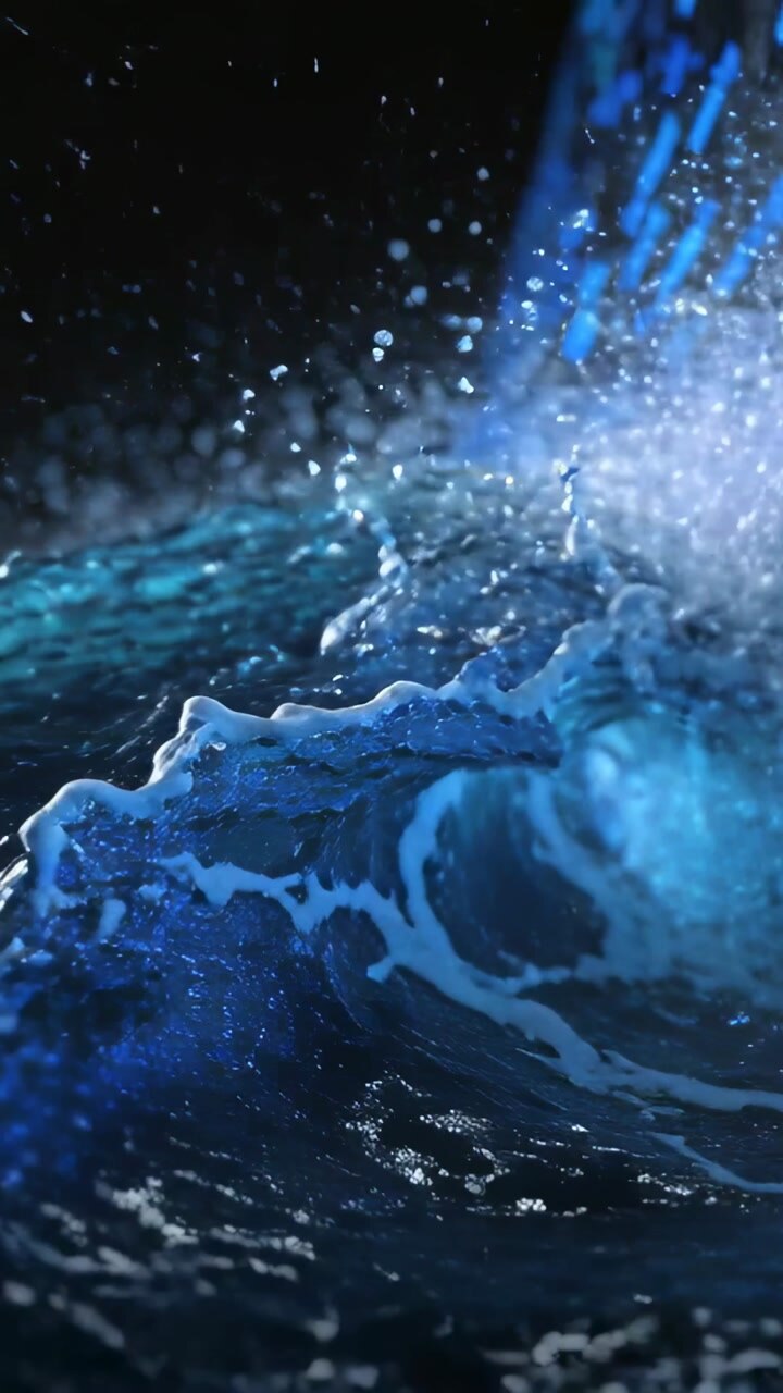 Vertical video: Curling blue wave narrowing crest and lip breaking into spray at close-up neon glow