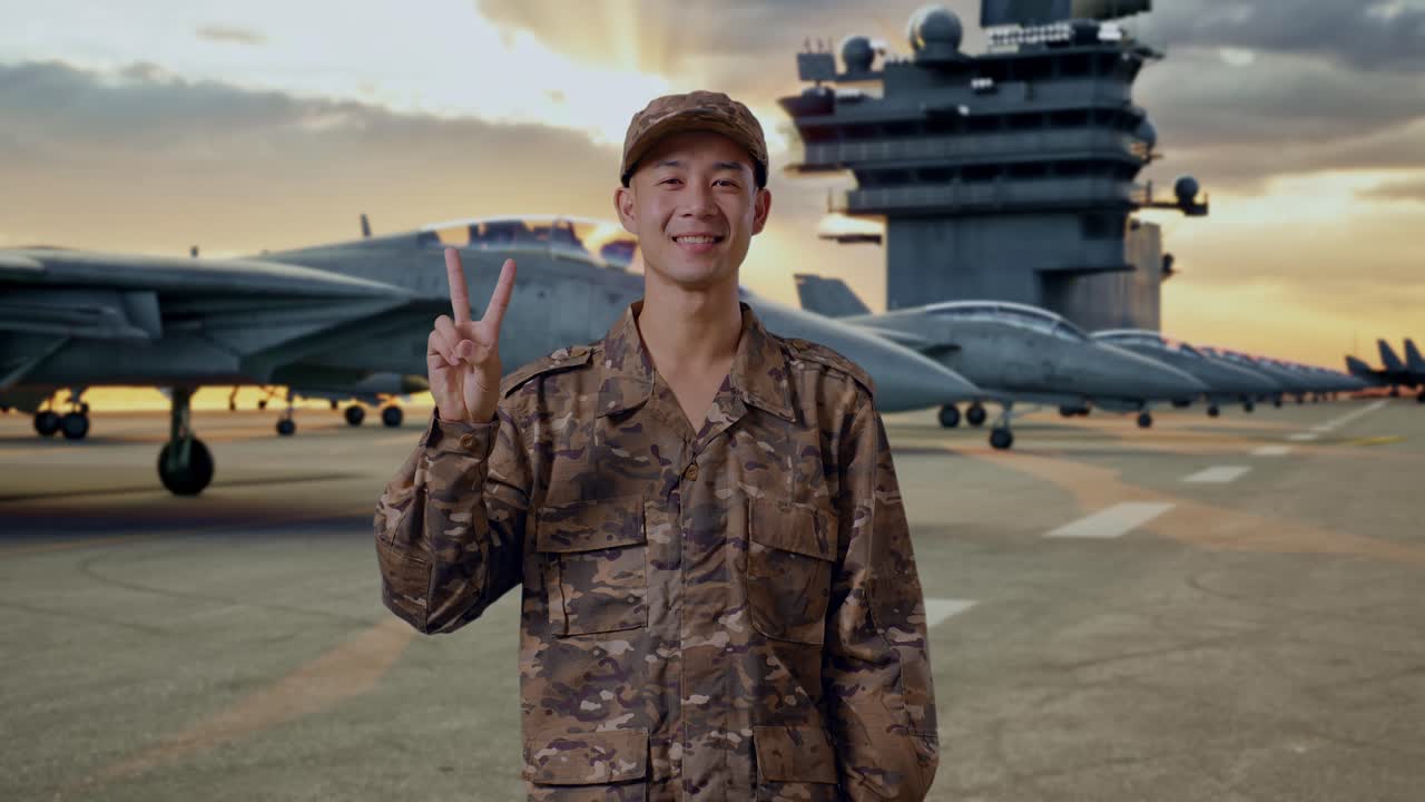 Military Personnel on Aircraft Carrier at Sunset