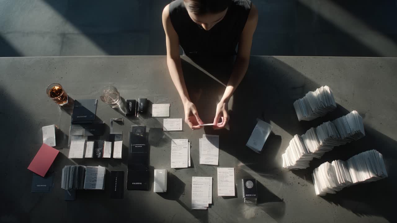 An Aerial View of a Creative Workspace Featuring a Person Organizing Business Cards, Glasses, and Notepads on a Minimalistic Table Surrounded by Natural Light