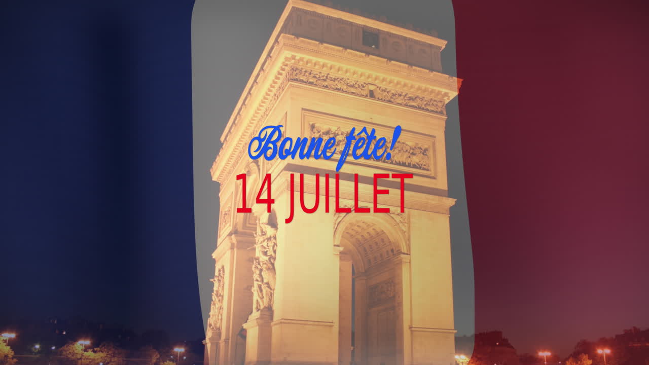 Animation of bonne fete du 14 juillet text with french flag and paris background