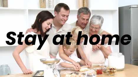 animation of stay at home text over family with two children