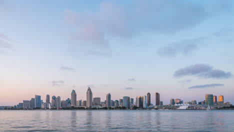 vista de la puesta de sol de los edificios del centro de la ciudad desde la bahía de san diego en california con barcos navegando