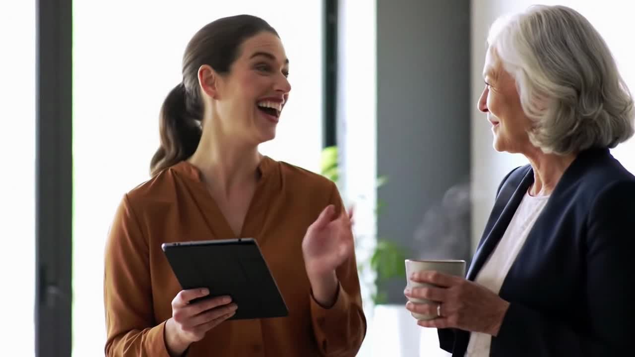 Businesswoman Laughing with Senior Colleague During Coffee Break
