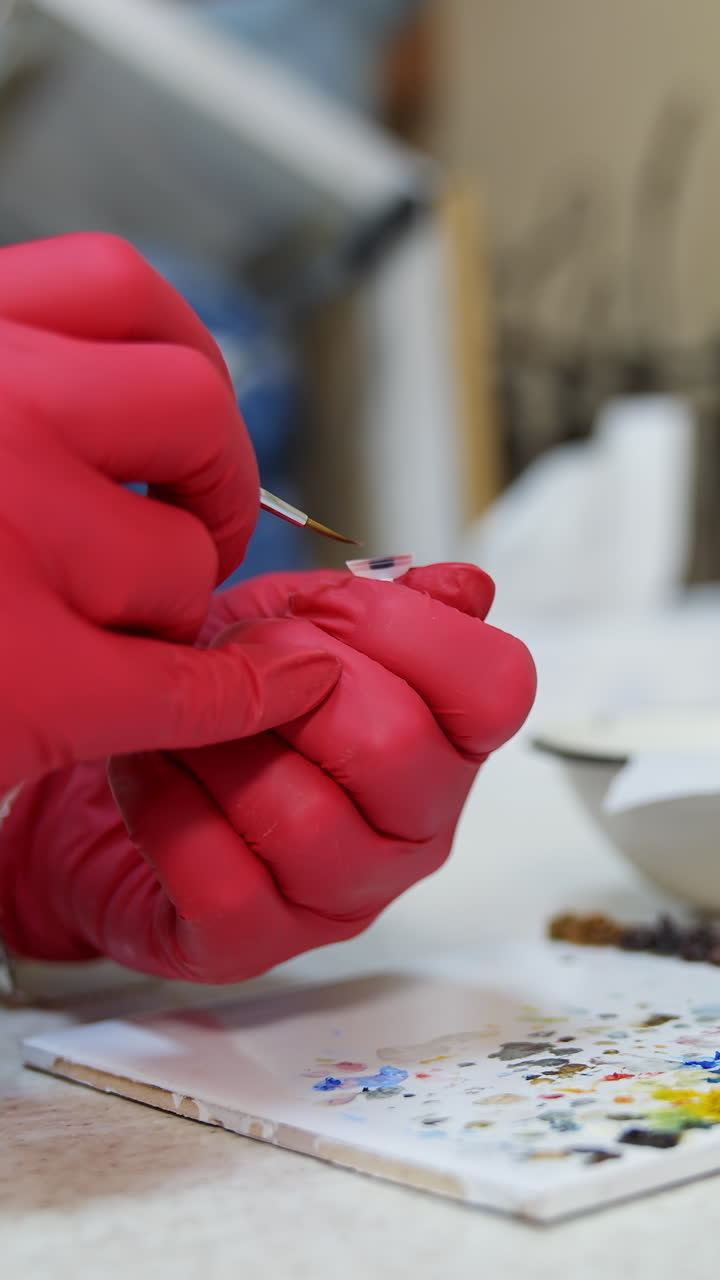 Laboratory worker painting eye prosthesis. Master in red latex gloves making artificial eye with a brush in clinic. Close-up. Vertical video