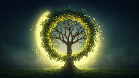 a majestic tree surrounded by a luminous halo of light, symbolizing nature's beauty and the enchantment of life in a mystical realm
