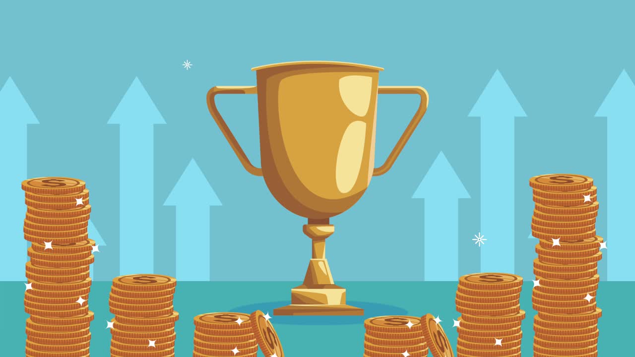 monedas dinero dólares con copa de trofeo