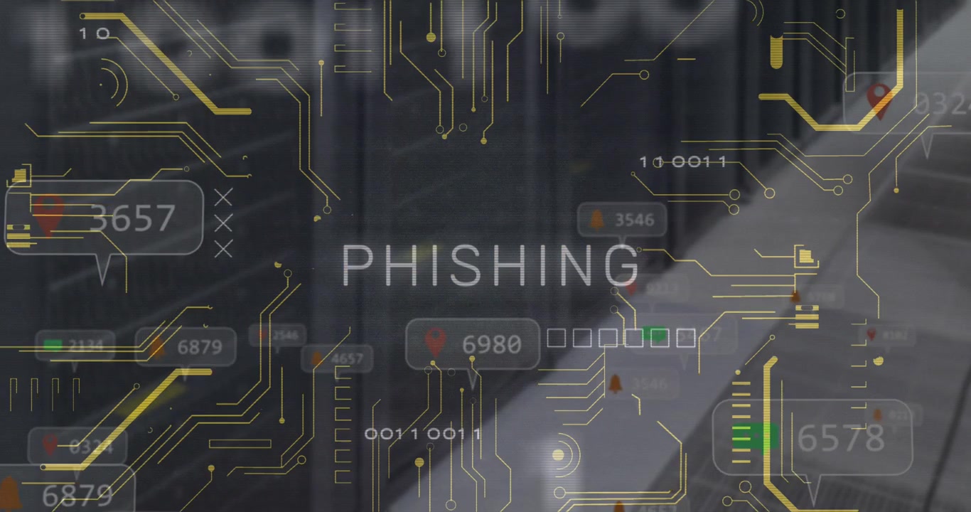 Animazione di testo di phishing su elaborazione dati, scheda madre di computer e server.