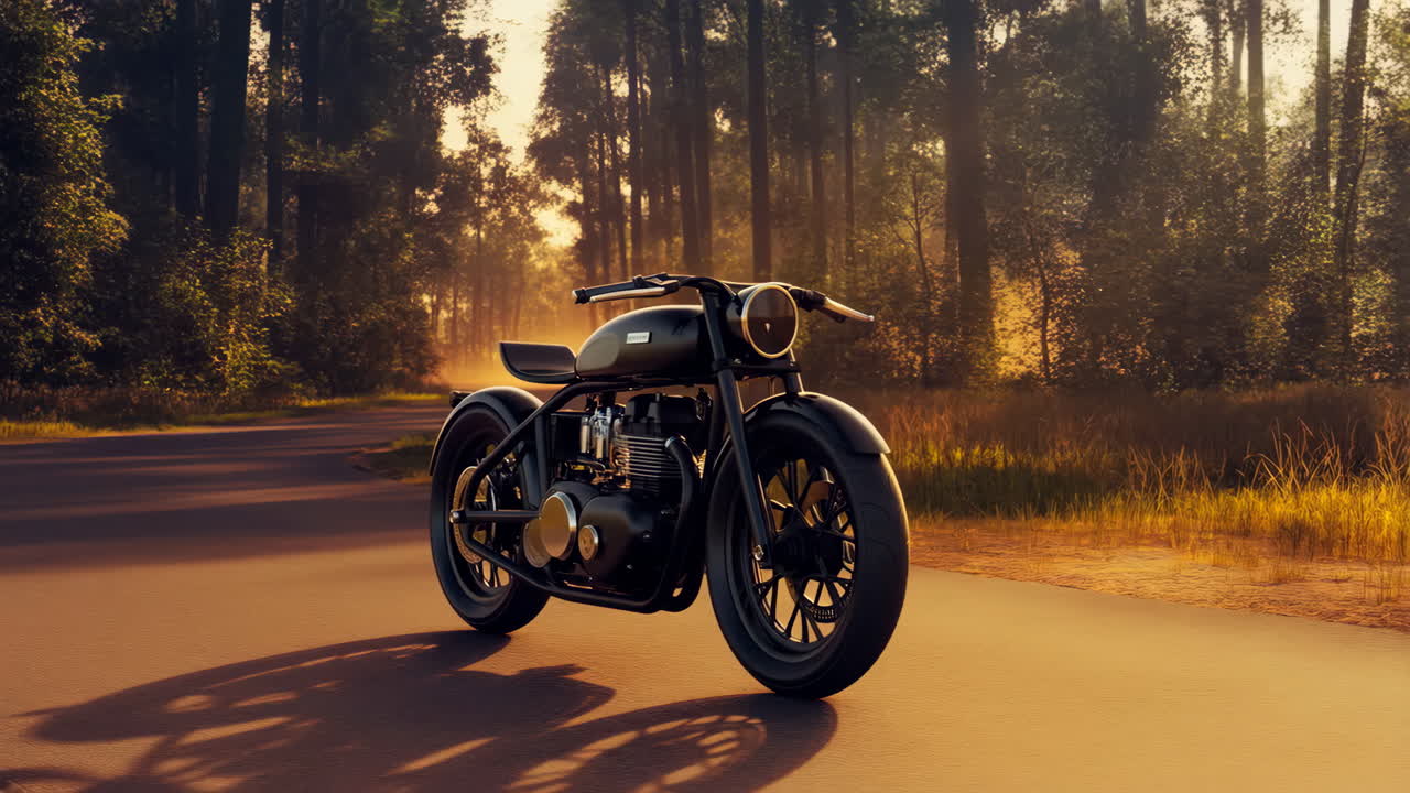 A custom black motorcycle parked on a forest road during golden hour