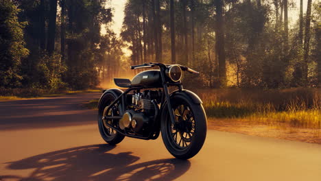 a custom black motorcycle parked on a forest road during golden hour