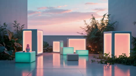 modern outdoor space with glowing light installations at twilight