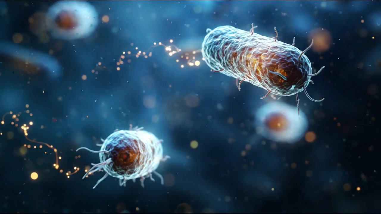 Mikroskopiske bakterieceller bevæger sig gennem et blåt biologisk miljø