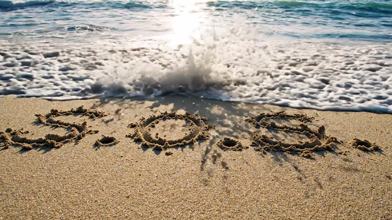 A Striking Representation of Urgency: The Message 'S.O.S.' Written in Soft Sand on the Beach, Highlighted by the Gentle Waves and Golden Rays of Sunlight
