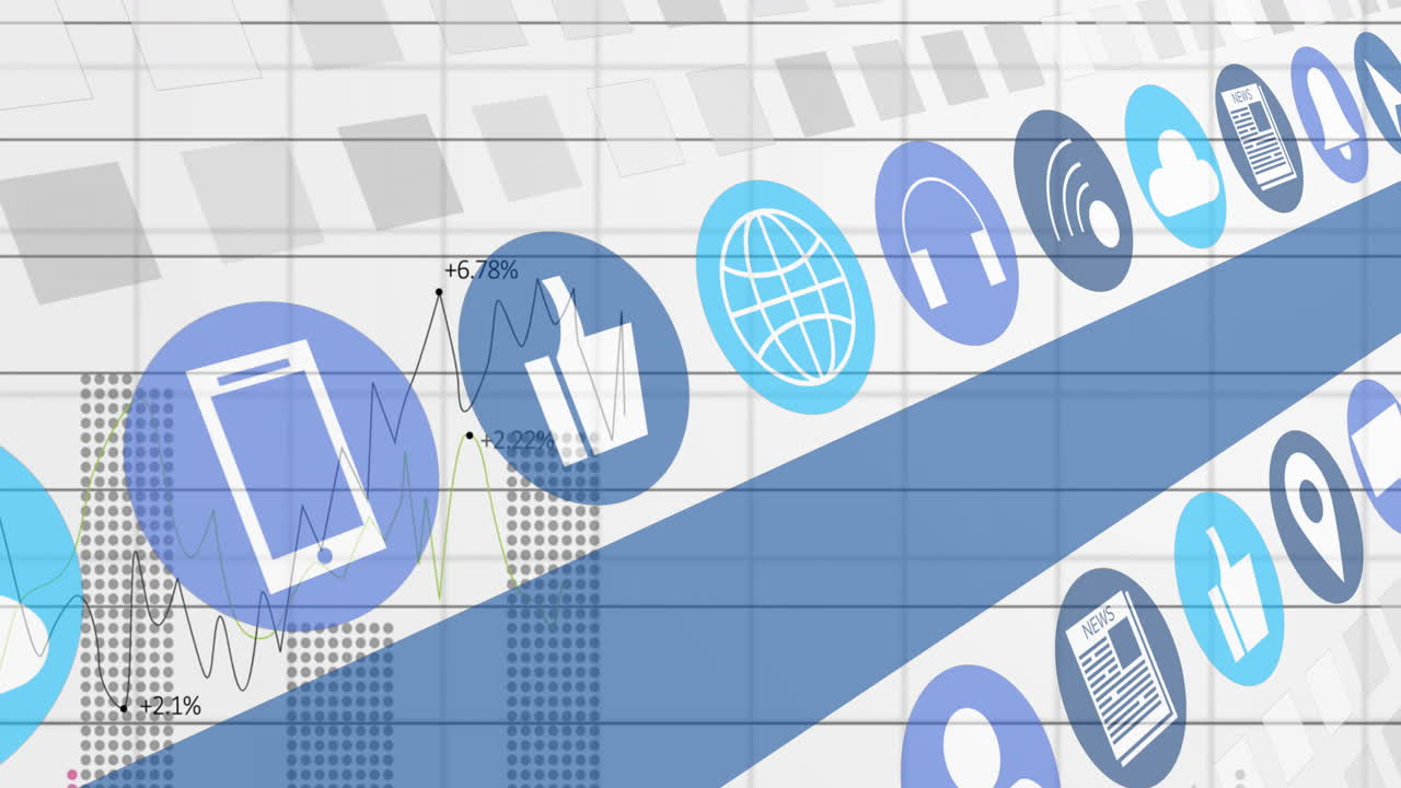 금융 데이터 및 기술 아이콘 그래프 및 차트 배경 위의 애니메이션