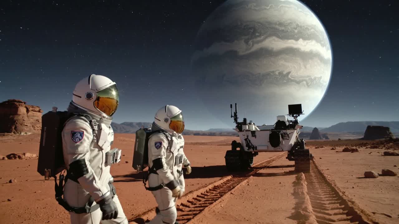 To astronauter i EVA-dragter går efter rover-stop på en rød slette, passerer rover-spor, gasgigant.
