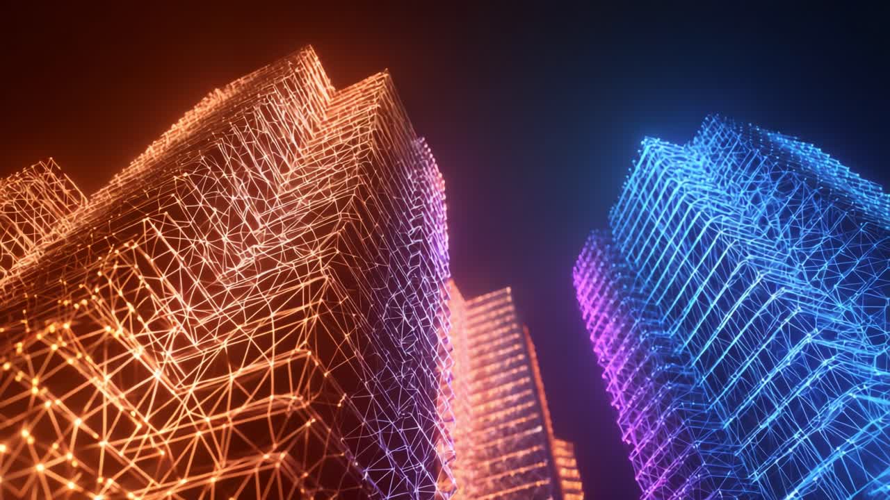 Futuristic Cityscape with Neon-Lit Buildings: A Stunning Visualization of Modern Architecture in a Digital Realm, Showcasing Colorful Patterns and Enhanced Connectivity Concepts