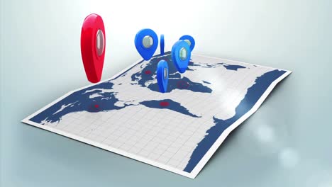 puntero rojo en un mapa del mundo rodeado de marcadores azules con destello de lente