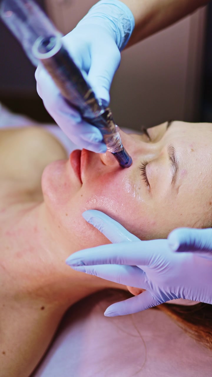 Procedura di trattamento viso in una clinica estetica durante le ore diurne, incentrata sul ringiovanimento cutaneo tramite un dispositivo di microneedling