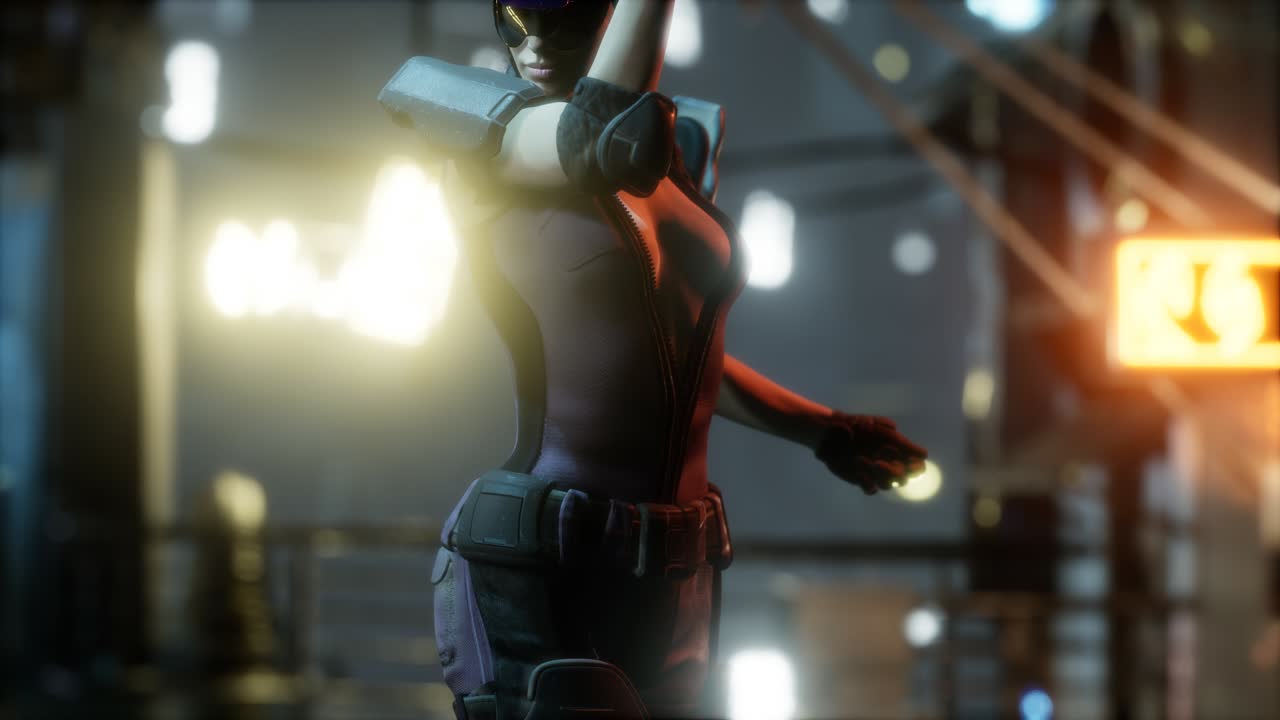 futuro concepto de mujer cyberpunk con luces de neón de la ciudad