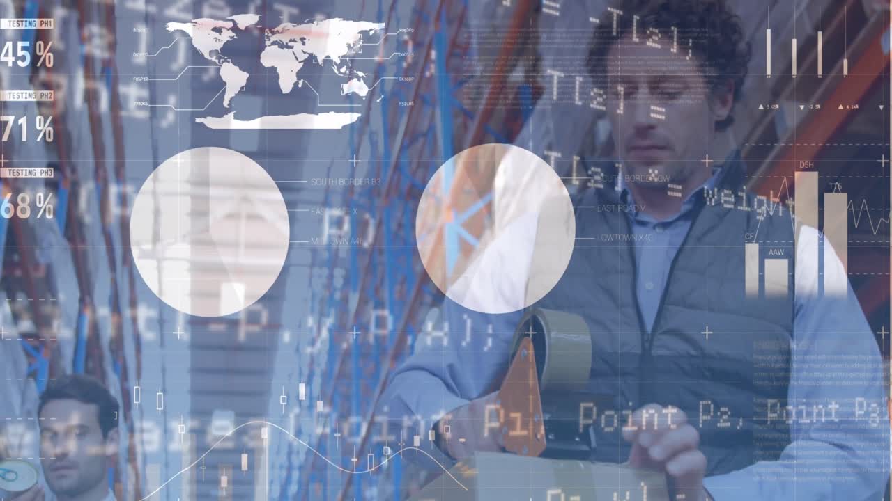 Animazione di elaborazione dati su diversi professionisti in un magazzino