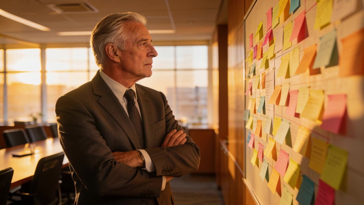 Dirigente anziano in piedi in giacca e cravatta che esamina Post-it su una lavagna in sala riunioni, telecamera che panoramica valutando il piano.