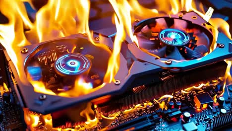 A computer motherboard with two fans on top of it on fire