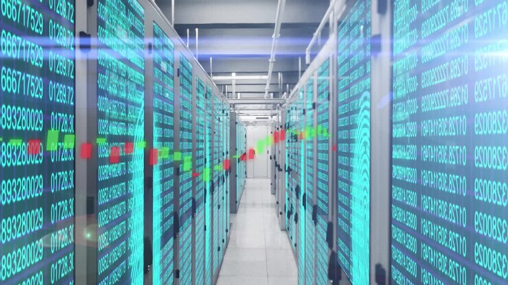 Processing data, animation over servers in data center, technology concept