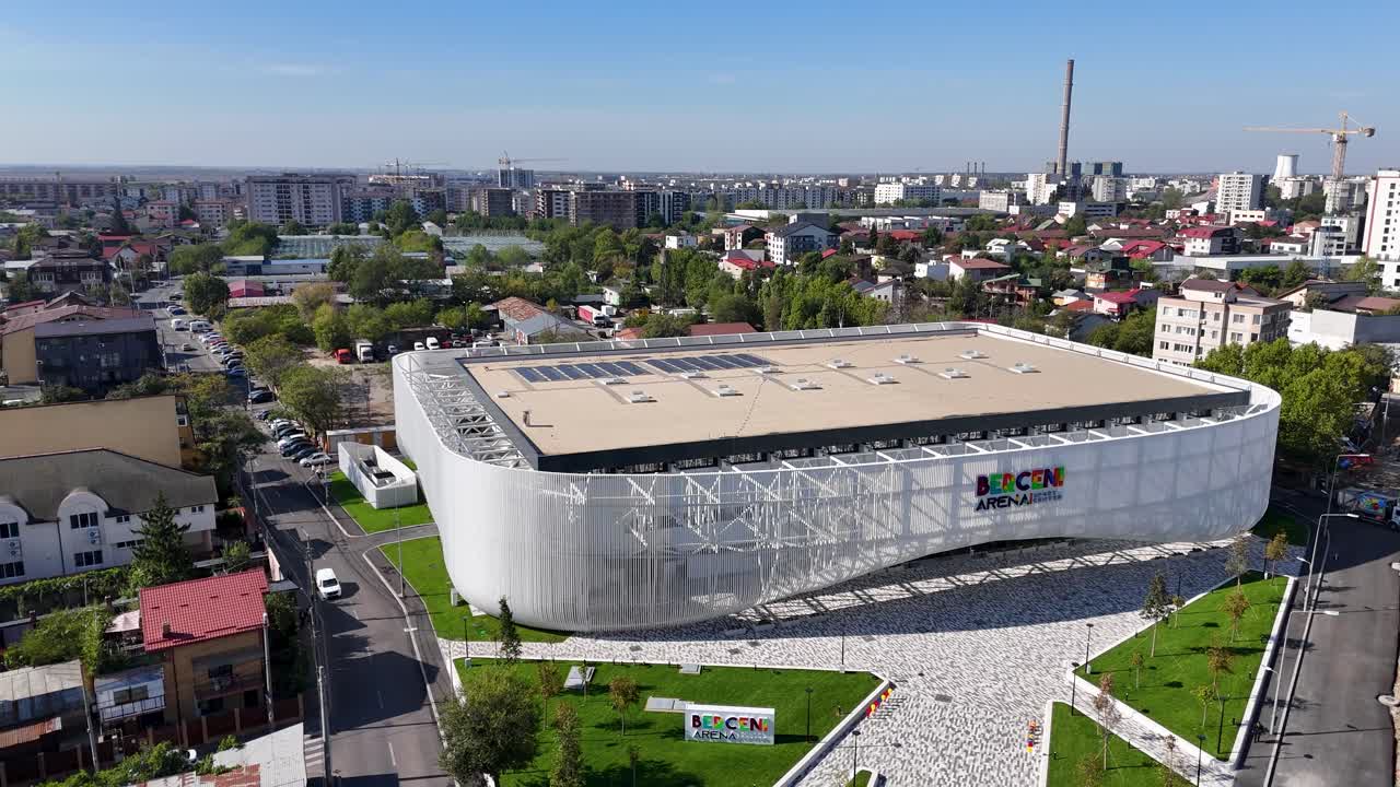 Wide Aerial View Over Berceni Arena Ice rink on a Sunny Day, Sector 4, Bucharest, Romania