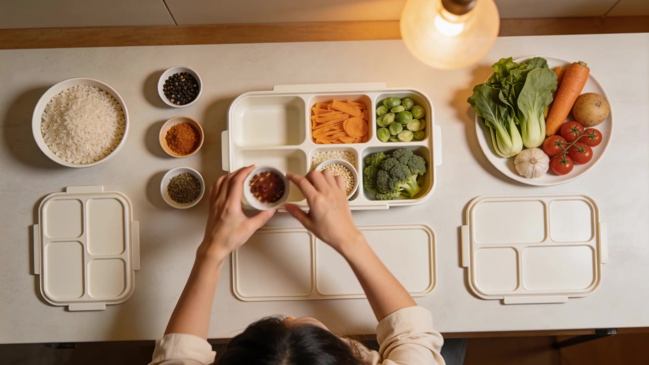 Placing rice, cook in beige shirt pouring red flakes into compartment tray in kitchen, prepping