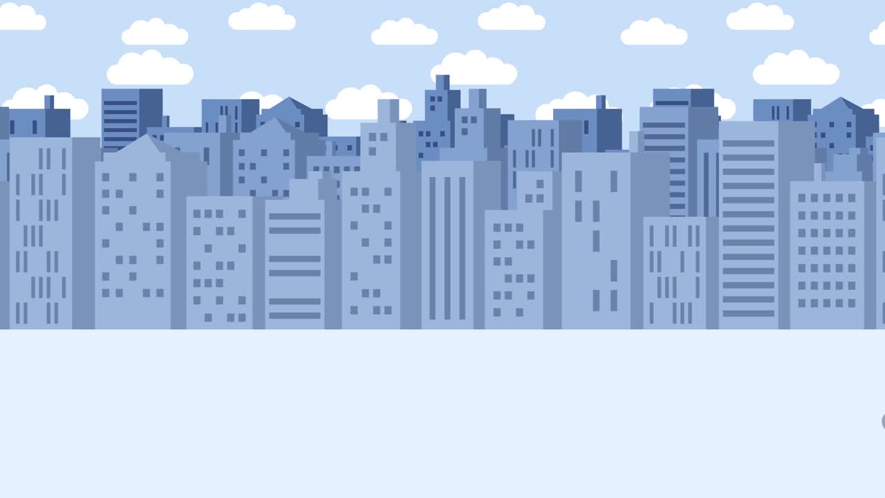 Donna d'affari che cade nel buco. Sfondo di edifici. Concetto di rischio. Illustrazione in loop in stile piatto.
