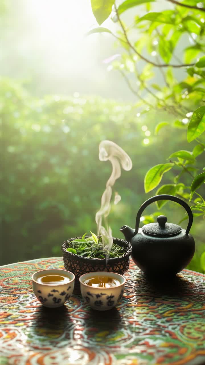 A serene video scene of a steaming teapot and cups on a patterned table, captured from a side angle