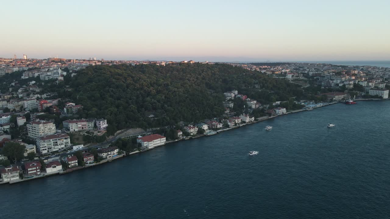 Houses and trees overlooking the sea of Istanbul from the air